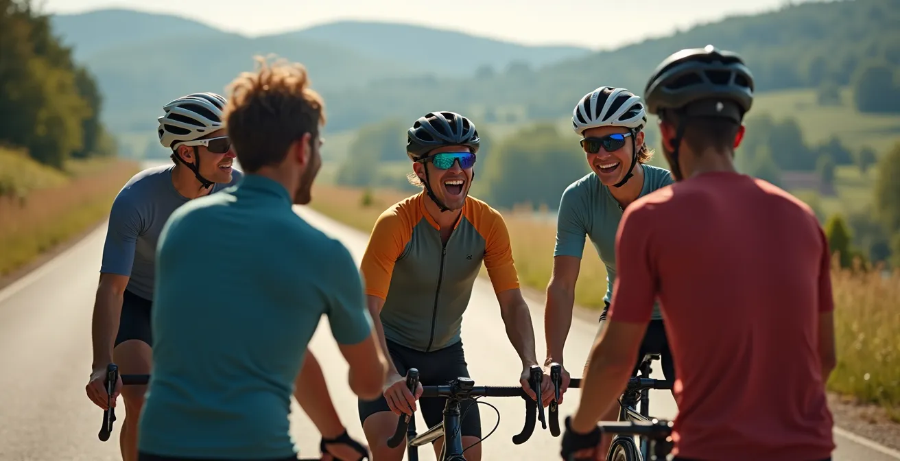 Gruppe von Radfahrern mit unterschiedlichen Bekleidungsstilen an einem Aussichtspunkt auf einer deutschen Landstraße