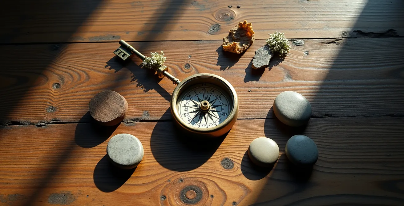 Collage der vier Erlebnissäulen einer Radtour: Lokale Legende, Handwerkskunst, Naturphänomen und Stille