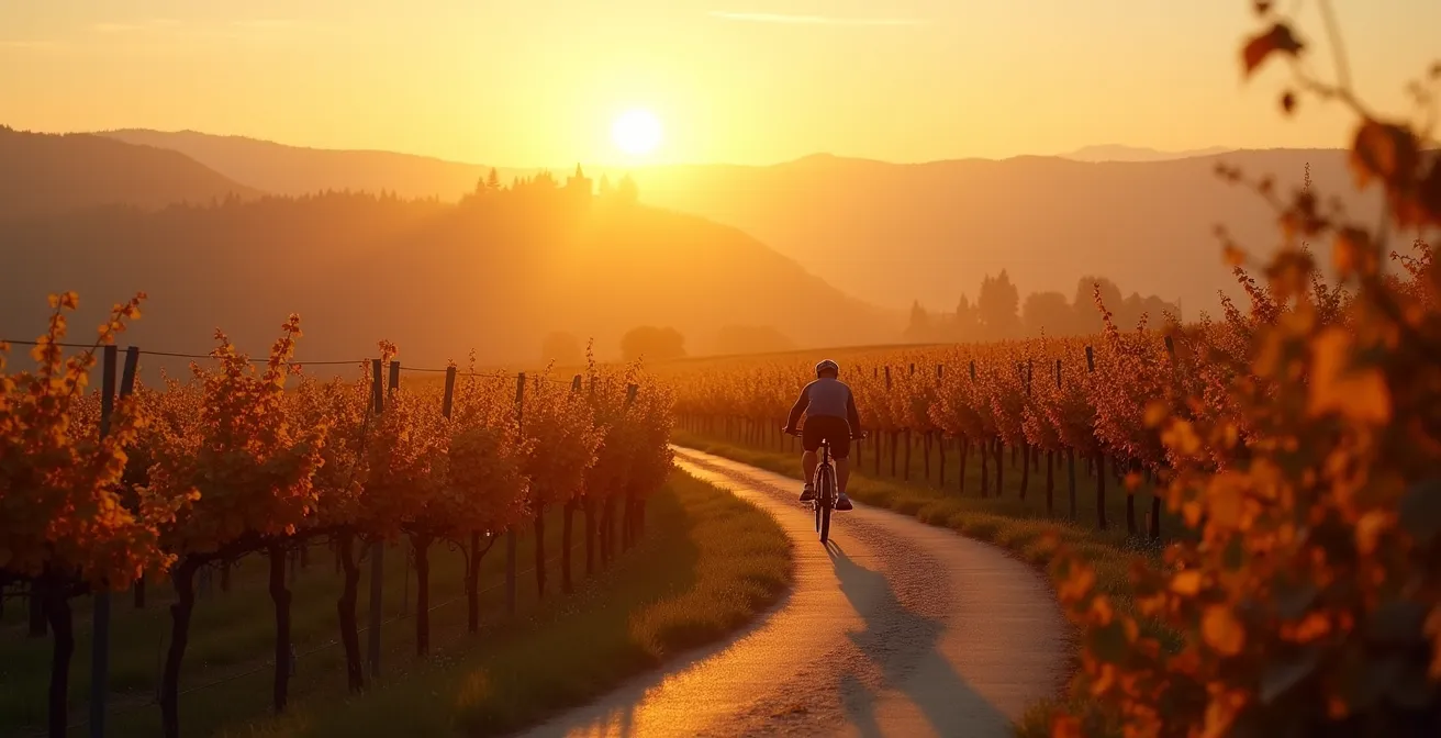 Radfahrer auf einem Weinbergweg während der Herbstlese mit goldenen Reben im Abendlicht