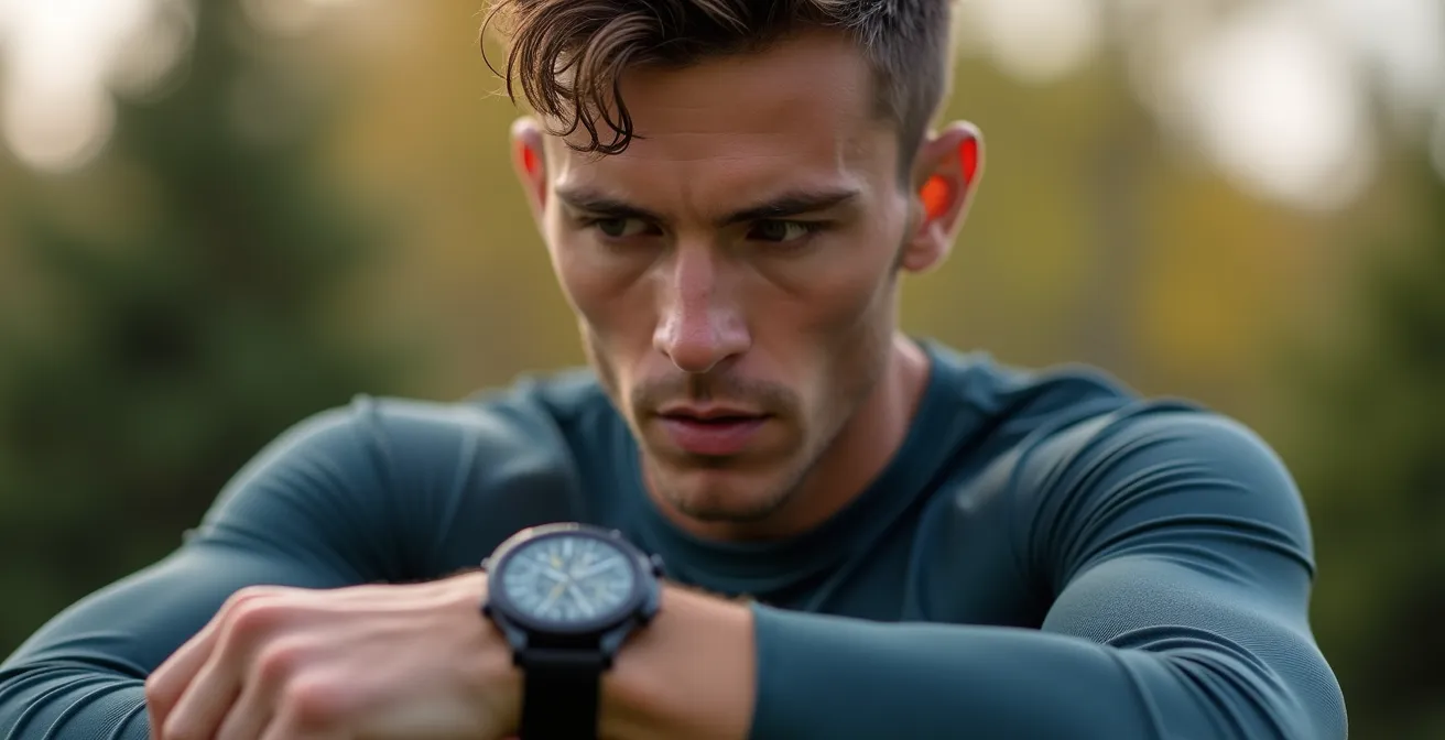 Detailaufnahme einer Sportuhr am Handgelenk eines Athleten