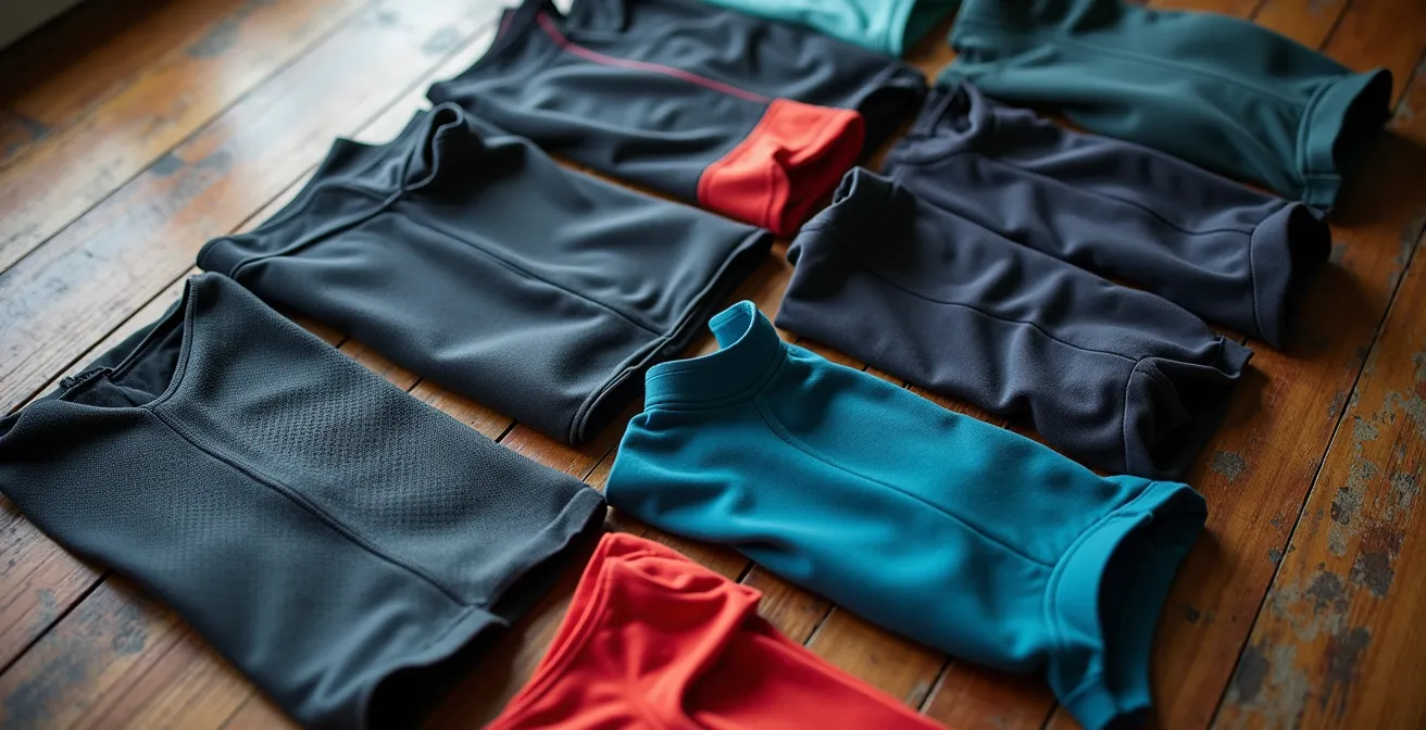 Übersichtliche Anordnung von 10 Fahrrad-Kleidungsstücken auf Holzboden, die die Textur der Stoffe betont