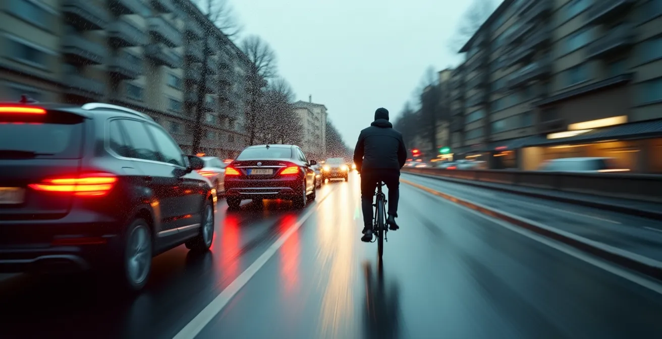 Zeitvergleich zwischen Auto im Stau und E-Bike auf Radweg während der Rushhour