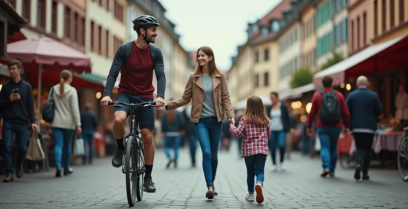 Freundlicher Blickkontakt zwischen Radfahrer und Fußgängern in einer deutschen Fußgängerzone