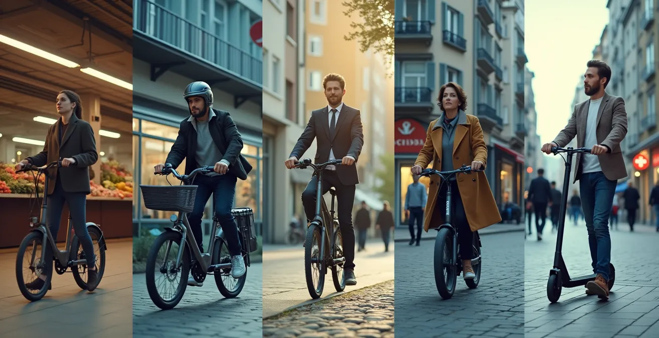 Visuelle Darstellung verschiedener Verkehrssituationen mit passenden Mikromobilitätslösungen