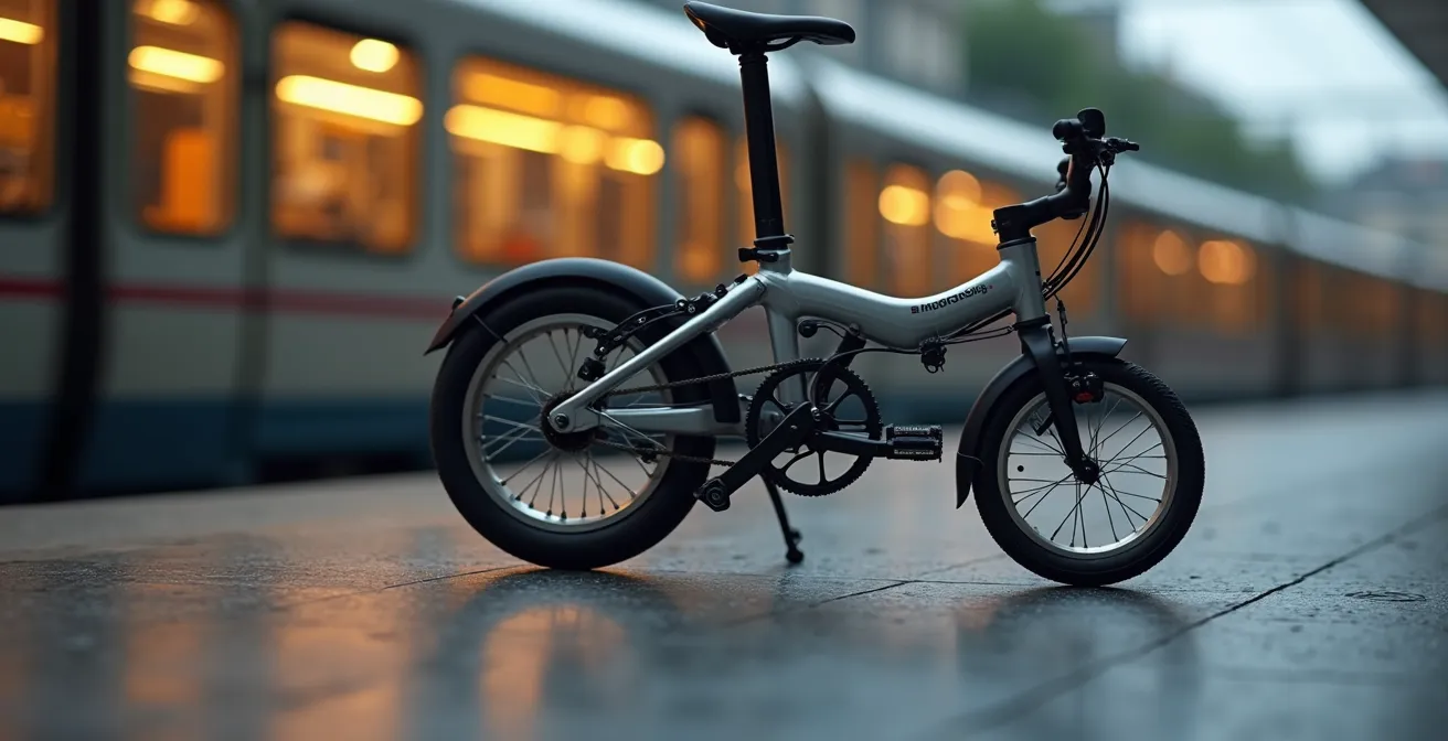 Nahaufnahme eines gefalteten Fahrrads neben Bahnsteigkante mit verschwommenem Zug im Hintergrund