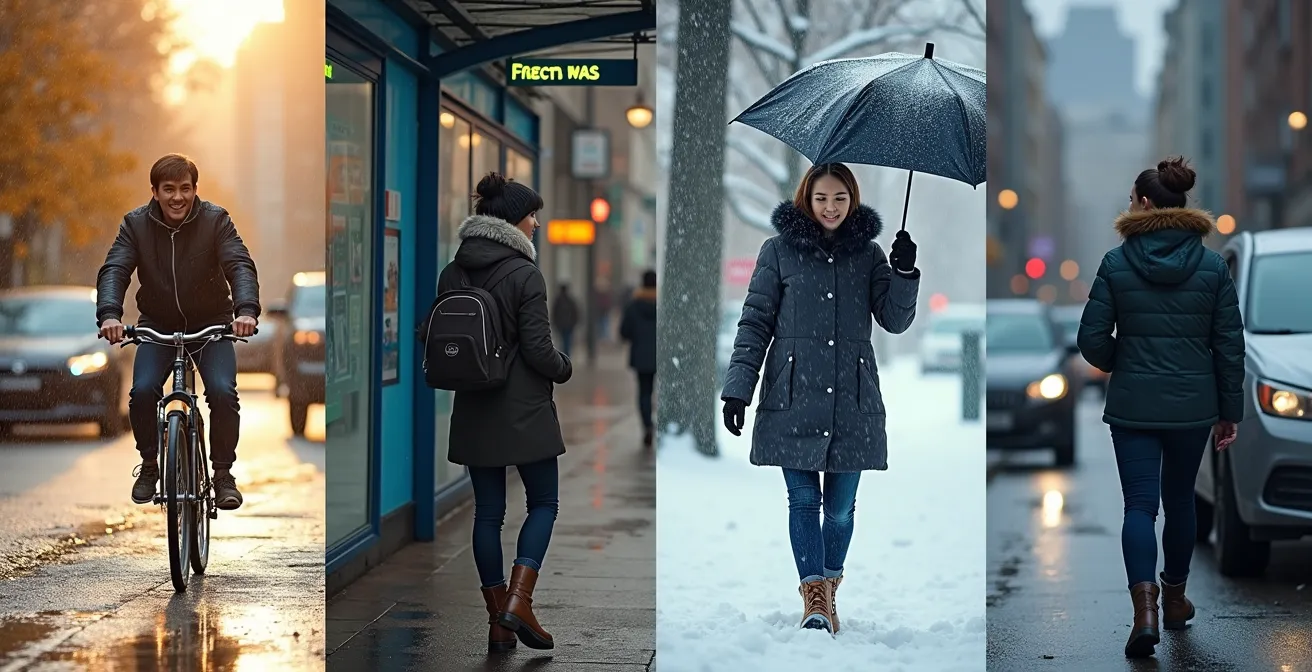 Kollage einer Person, die vier verschiedene Mobilitätsmodi bei unterschiedlichen Wetterbedingungen nutzt: Fahrrad bei Sonne, Bus bei Regen, zu Fuß im Schnee, Carsharing bei Sturm.