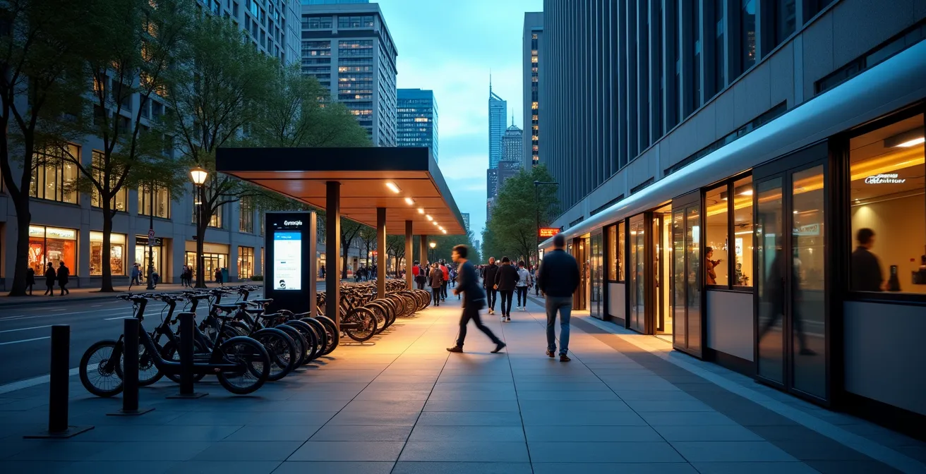 Weitwinkelaufnahme eines urbanen Mobilitätsknotenpunkts mit Fahrrädern, E-Scootern und Bahnstation