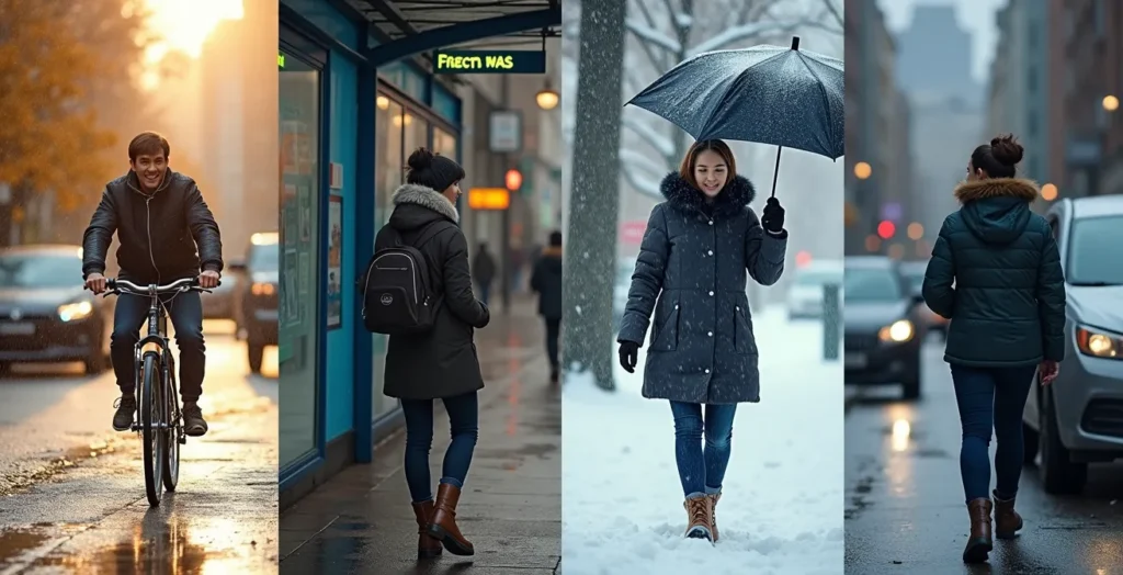 Kollage einer Person, die vier verschiedene Mobilitätsmodi bei unterschiedlichen Wetterbedingungen nutzt: Fahrrad bei Sonne, Bus bei Regen, zu Fuss im Schnee, Carsharing bei Sturm.